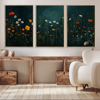 87037-MGV-CV-36X24-Wildflower Wall Art – Dark Botanical Floral Canvas Print, Modern Nature Painting Poster with Daisies Poppies Orange Flowers for