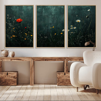 26218-MGV-CV-36X24-Wildflower Wall Art – Dark Botanical Floral Canvas Print, Modern Nature Painting Poster with Daisy Poppy Yellow Flowers for Living