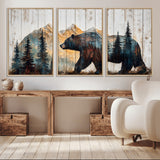 90077-MGV-CV-36X24-Wood Grizzly Bear Wall Art Canvas Print, Framed Abstract Bear Art Picture Print, Bear in Forest Perfect Rustic Lodge Decor Artwork