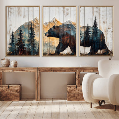 90077-MGV-CV-36X24-Wood Grizzly Bear Wall Art Canvas Print, Framed Abstract Bear Art Picture Print, Bear in Forest Perfect Rustic Lodge Decor Artwork