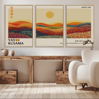 88180-MGV-CV-36X24-Yayoi Kusama Landscape Wall Art – Abstract Dotted Mountain Canvas Print, Retro Sun Poster for Modern Living Room, Office or