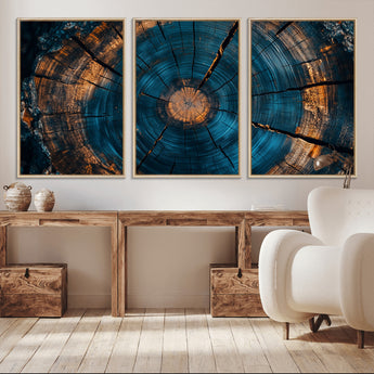 65231-MGV-CV-36X24-Blue and Gold Tree Ring Wall Art – Rustic Abstract Wood Slice Canvas Print, Modern Nature Inspired Artwork for Living Room,