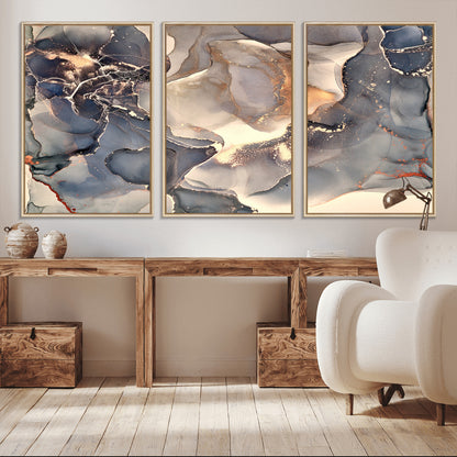 18202-MGV-CV-36X24-Abstract Neutral Wall Art – Blue, Beige and Gold Fluid Ink Canvas Print, Modern Minimalist Painting for Living Room, Office