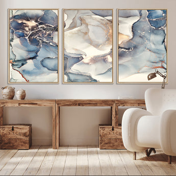 51497-MGV-CV-36X24-Abstract Blue and Gold Wall Art – Modern Fluid Ink Style Canvas Print, Elegant Contemporary Decor for Living Room, Office