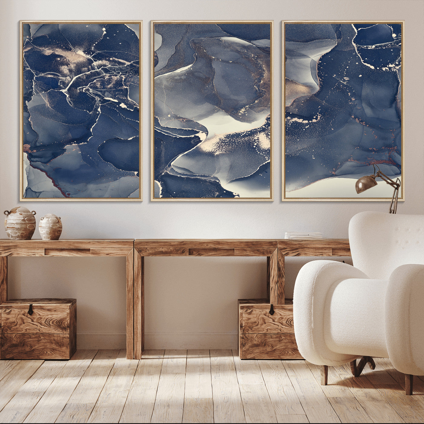 28282-MGV-FC-60X30-3P_Natural-Blue Abstract Wall Art – Modern Ink Swirl Canvas Print, Contemporary Navy and Gold Painting for Living Room, Bedroom, Office or