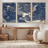 28282-MGV-FC-60X30-3P_Natural-Blue Abstract Wall Art – Modern Ink Swirl Canvas Print, Contemporary Navy and Gold Painting for Living Room, Bedroom, Office or