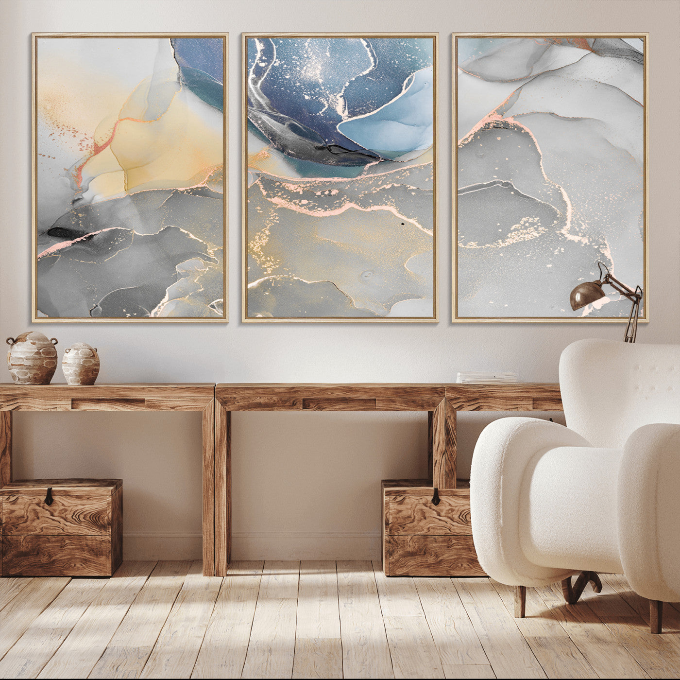 18176-MGV-CV-36X24-Abstract Fluid Wall Art – Modern Marble Ink Canvas Print with Blue, Gold, and Gray Tones, Contemporary Minimal Artwork Decor for