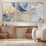 18176-MGV-CV-36X24-Abstract Fluid Wall Art – Modern Marble Ink Canvas Print with Blue, Gold, and Gray Tones, Contemporary Minimal Artwork Decor for