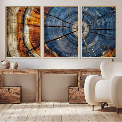 10583-MGV-CV-36X24-Tree Ring Wall Art – Abstract Wood Grain Canvas Print with Blue and Brown Tones, Nature Inspired Rustic Artwork for Living Room,