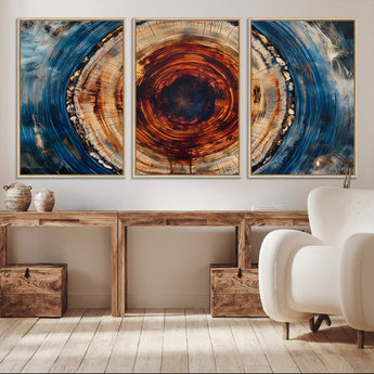 90395-MGV-CV-36X24-Tree Ring Wall Art – Abstract Wood Grain Canvas Print with Fiery Red and Blue Tones, Bold Rustic Nature Inspired Artwork Decor for