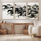23069-MGV-CV-36X24-Galloping Horses Wall Art – Black Ink Painting on Canvas, Dynamic Equestrian Artwork with Running Stallions, Expressive Modern