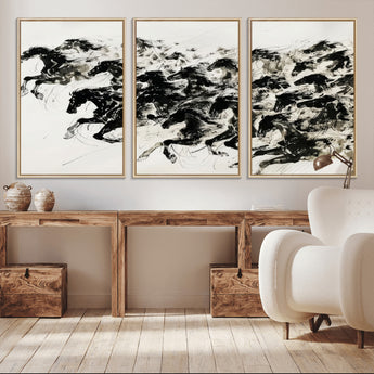 23069-MGV-CV-36X24-Galloping Horses Wall Art – Black Ink Painting on Canvas, Dynamic Equestrian Artwork with Running Stallions, Expressive Modern