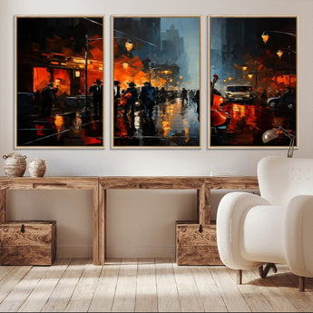32816-MGV-FC-60X30-3P_Natural-City Jazz Night Wall Art – Modern Abstract Urban Street Scene Canvas Print, Moody Music-Themed Decor for Living Room, Office, or