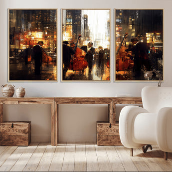 58782-MGV-CV-36X24-Jazz Musicians Cityscape Wall Art – Vibrant Urban Night Canvas Print, Elegant Music Themed Decor for Living Room, Office, or Music