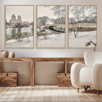 60292-MGV-CV-36X24-Central Park Winter Wall Art – Snowy Bow Bridge Canvas Print, Scenic New York City Landscape Photography for Living Room, Bedroom