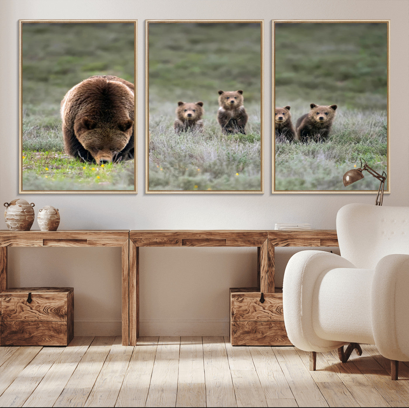 65087B-MGV-CV-36X24-Bear Family Wall Art – Wildlife Canvas Print Featuring Mother Bear with Cubs in Nature, Rustic Animal Artwork for Living Room,