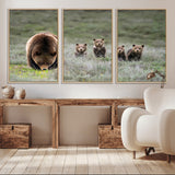 65087B-MGV-CV-36X24-Bear Family Wall Art – Wildlife Canvas Print Featuring Mother Bear with Cubs in Nature, Rustic Animal Artwork for Living Room,