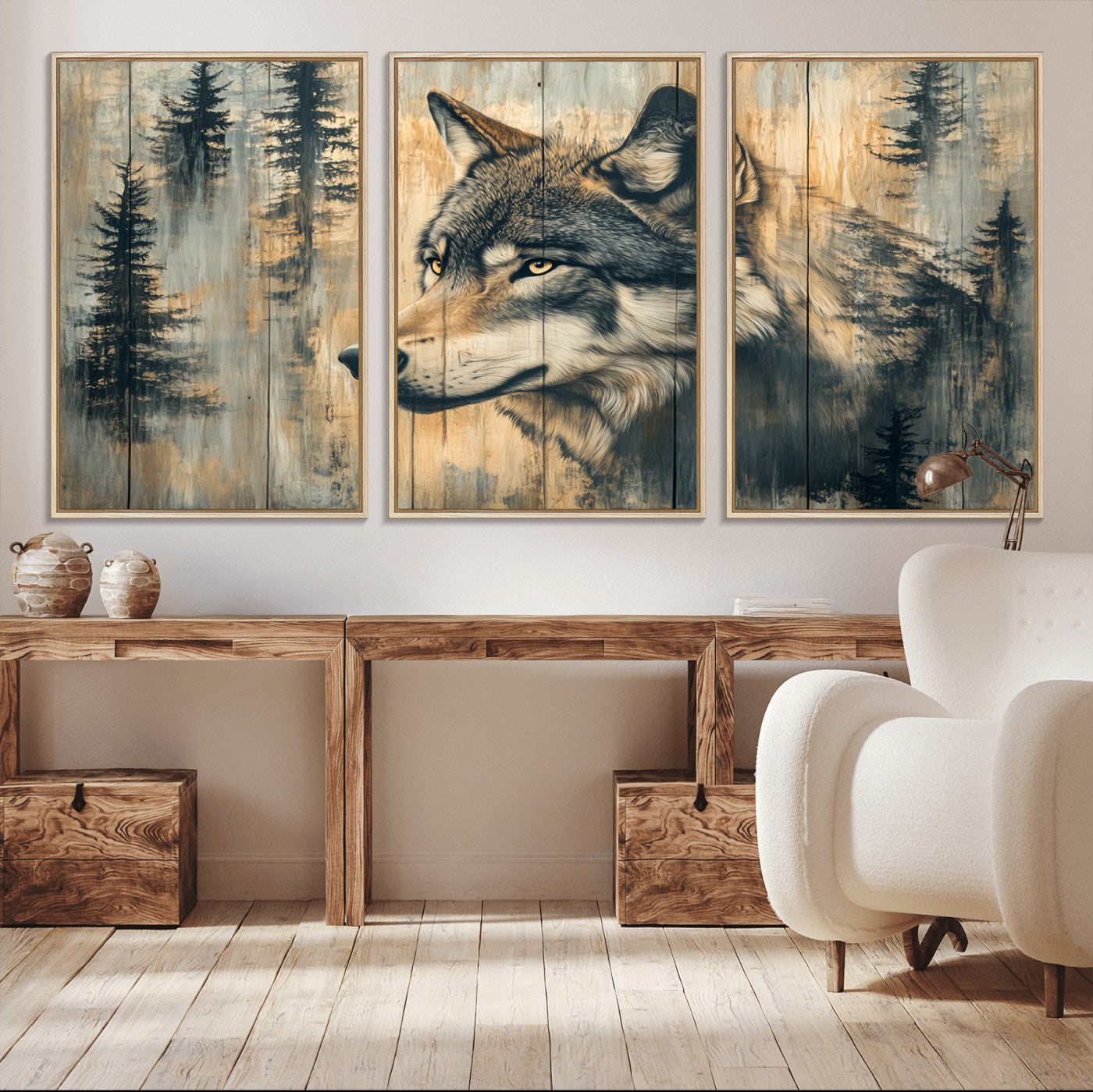 51892-MGV-CV-36X24-Wolf Wall Art – Rustic Canvas Print of Wolf with Forest Trees on Wood Texture, Wildlife Lodge Artwork for Living Room, Bedroom,