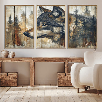 91882-MGV-FC-60X30-3P_Natural-Wolf Wall Art – Rustic Canvas Print of Forest Wolf on Wood Background, Wildlife Lodge Artwork for Living Room, Bedroom, Cabin, or