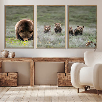 40555-MGV-FC-60X30-3P_Natural-Bear Family Wall Art – Wildlife Canvas Print of Mother Bear with Four Cubs in Nature, Rustic Animal Artwork for Living Room,