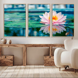30320-MGV-CV-36X24-Pink Water Lily Wall Art – Lotus Flower Canvas Print with Reflection Water, Peaceful Botanical Artwork for Living Room, Bedroom,