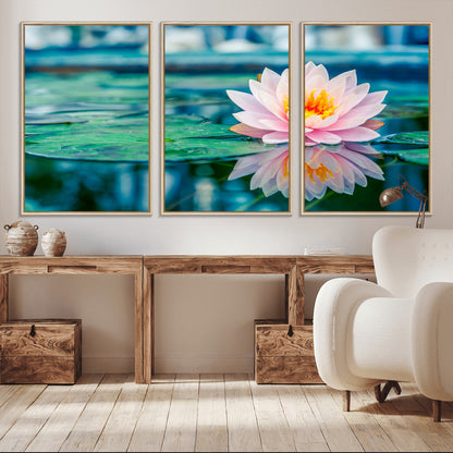 30320-MGV-CV-36X24-Pink Water Lily Wall Art – Lotus Flower Canvas Print with Reflection Water, Peaceful Botanical Artwork for Living Room, Bedroom,