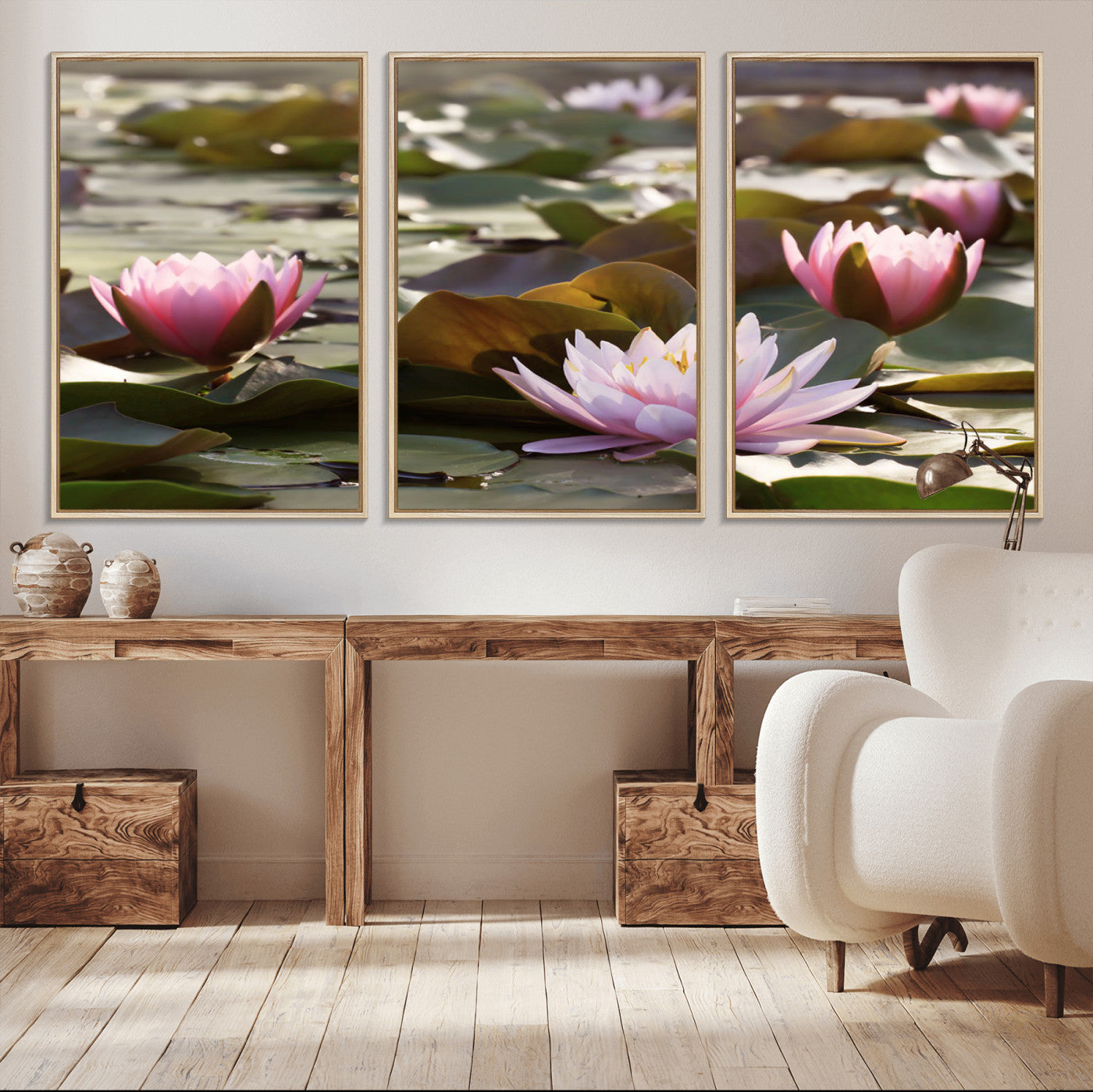 28394-MGV-CV-36X24-Water Lily Pond Wall Art – Pink Lotus Flowers Canvas Print with Green Lily Pads, Peaceful Botanical Artwork for Living Room,