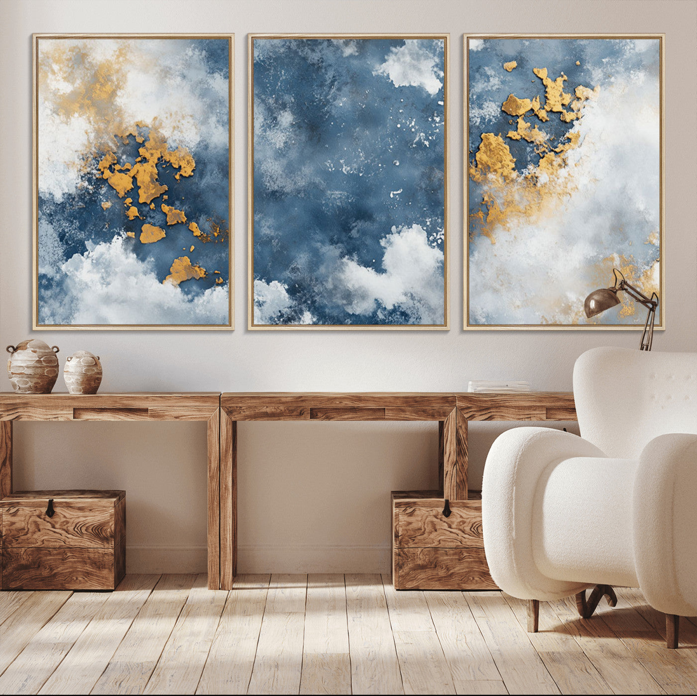 39575-MGV-CV-36X24-Blue and Gold Abstract Wall Art – Modern Canvas Print Featuring Cloudy Textures with Metallic Accents, Contemporary Artwork for