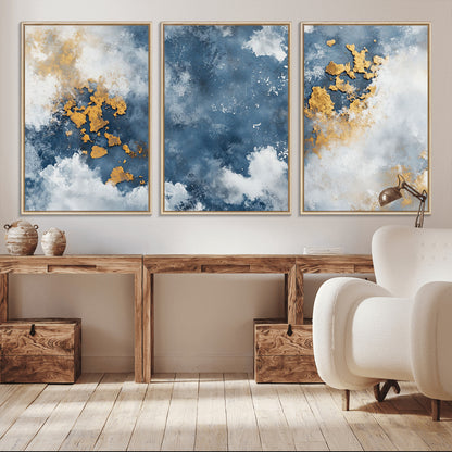 39575-MGV-CV-36X24-Blue and Gold Abstract Wall Art – Modern Canvas Print Featuring Cloudy Textures with Metallic Accents, Contemporary Artwork for