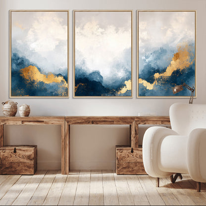 14578-MGV-CV-36X24-Abstract Wall Art – Modern Canvas Print Featuring Blue and White Clouds with Golden Accents, Contemporary Elegant Artwork for