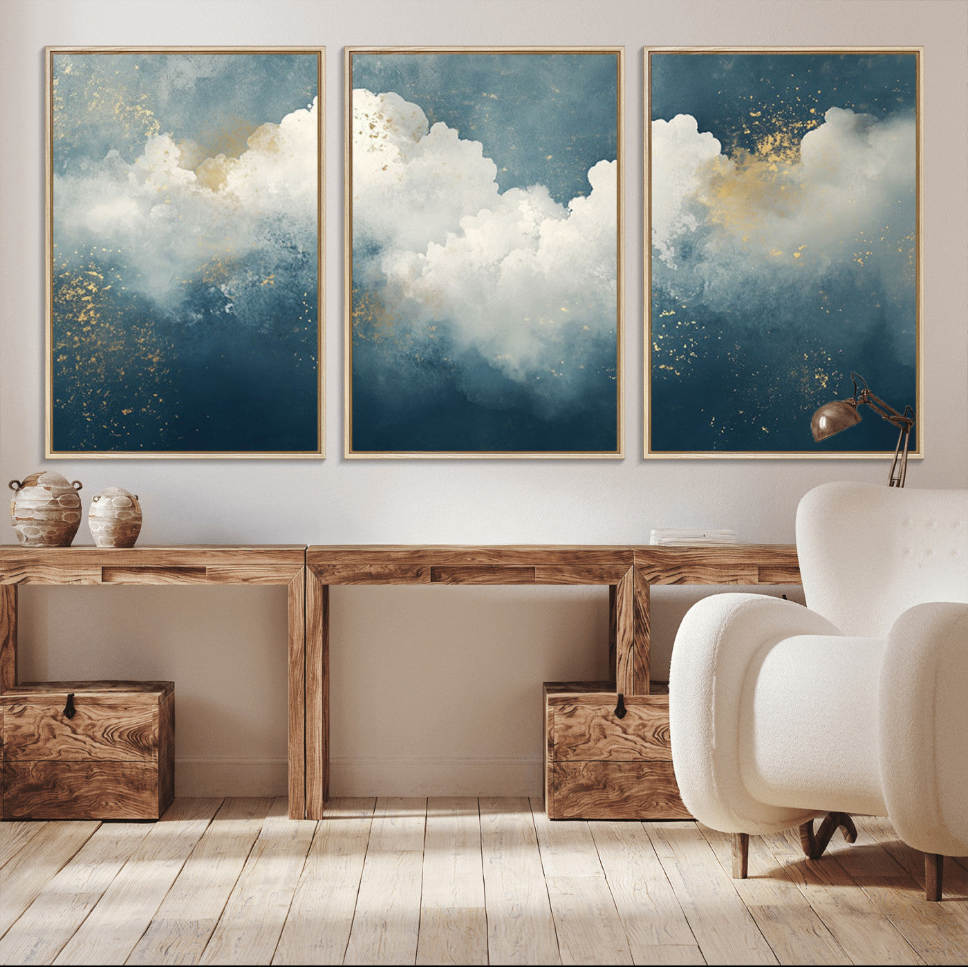 75131-MGV-CV-36X24-Abstract Cloud Wall Art – Modern Canvas Print Featuring Blue and White Clouds with Golden Accents, Contemporary Artwork for Living