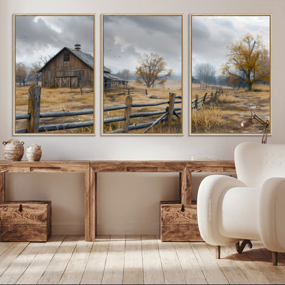 Farm1-MGV-CV-36X24-Rustic Autumn Farmhouse Wall Art – Serene Countryside Scene Canvas Print, Weathered Barn and Autumn Trees Decor for Living Room,