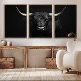 97914921-MGV-CV-36X24-Black Bull Wall Art Canvas Print, Framed Longhorn Bull Art Picture Print, Western Bull Perfect Monochrome Western Decor Artwork