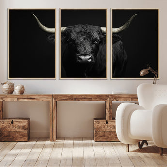 97914921-MGV-CV-36X24-Black Bull Wall Art Canvas Print, Framed Longhorn Bull Art Picture Print, Western Bull Perfect Monochrome Western Decor Artwork