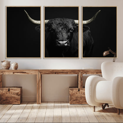 97914921-MGV-CV-36X24-Black Bull Wall Art Canvas Print, Framed Longhorn Bull Art Picture Print, Western Bull Perfect Monochrome Western Decor Artwork