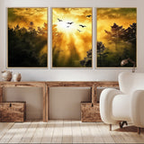 13776802-MGV-CV-36X24-Golden Forest Wall Art Canvas Print, Framed Sunset Pines Art Picture Print, Flying Birds Perfect Nature Glow Decor Artwork