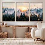 56391411-MGV-CV-36X24-Misty Forest Wall Art Canvas Print, Framed Sunrise Pines Art Picture Print, Moody Pines Perfect Serene Woodland Decor Artwork