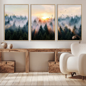 56391411-MGV-CV-36X24-Misty Forest Wall Art Canvas Print, Framed Sunrise Pines Art Picture Print, Moody Pines Perfect Serene Woodland Decor Artwork