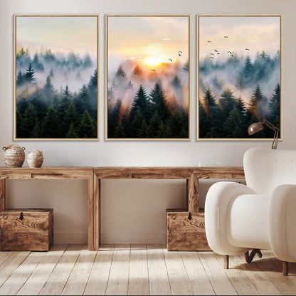 56391411-MGV-CV-36X24-Misty Forest Wall Art Canvas Print, Framed Sunrise Pines Art Picture Print, Moody Pines Perfect Serene Woodland Decor Artwork
