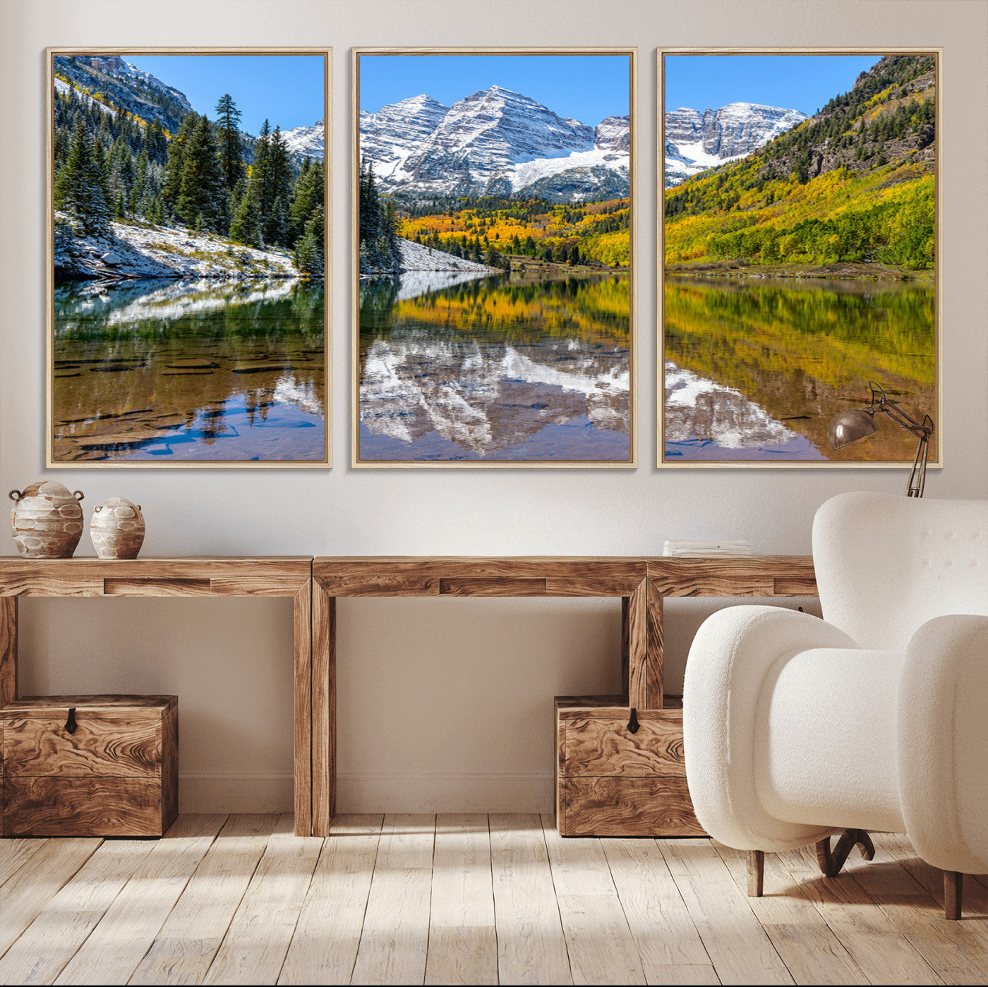 87724099-MGV-CV-36X24-Maroon Bells Wall Art Canvas Print, Framed Snowy Mountains Art Picture Print, Pine Forest Perfect Vibrant Alpine Decor Artwork