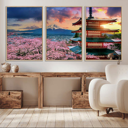 32331262-MGV-CV-36X24-Mount Fuji Japan Wall Art – Cherry Blossom Landscape Canvas Print, Chureito Pagoda Sunset Photography, Japanese Nature Travel