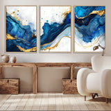 33506371-MGV-FC-60X30-3P_Natural-Blue Marble Wall Art Canvas Print, Framed Gold Splash Art Picture Print, Abstract Wave Perfect Modern Luxe Decor Artwork