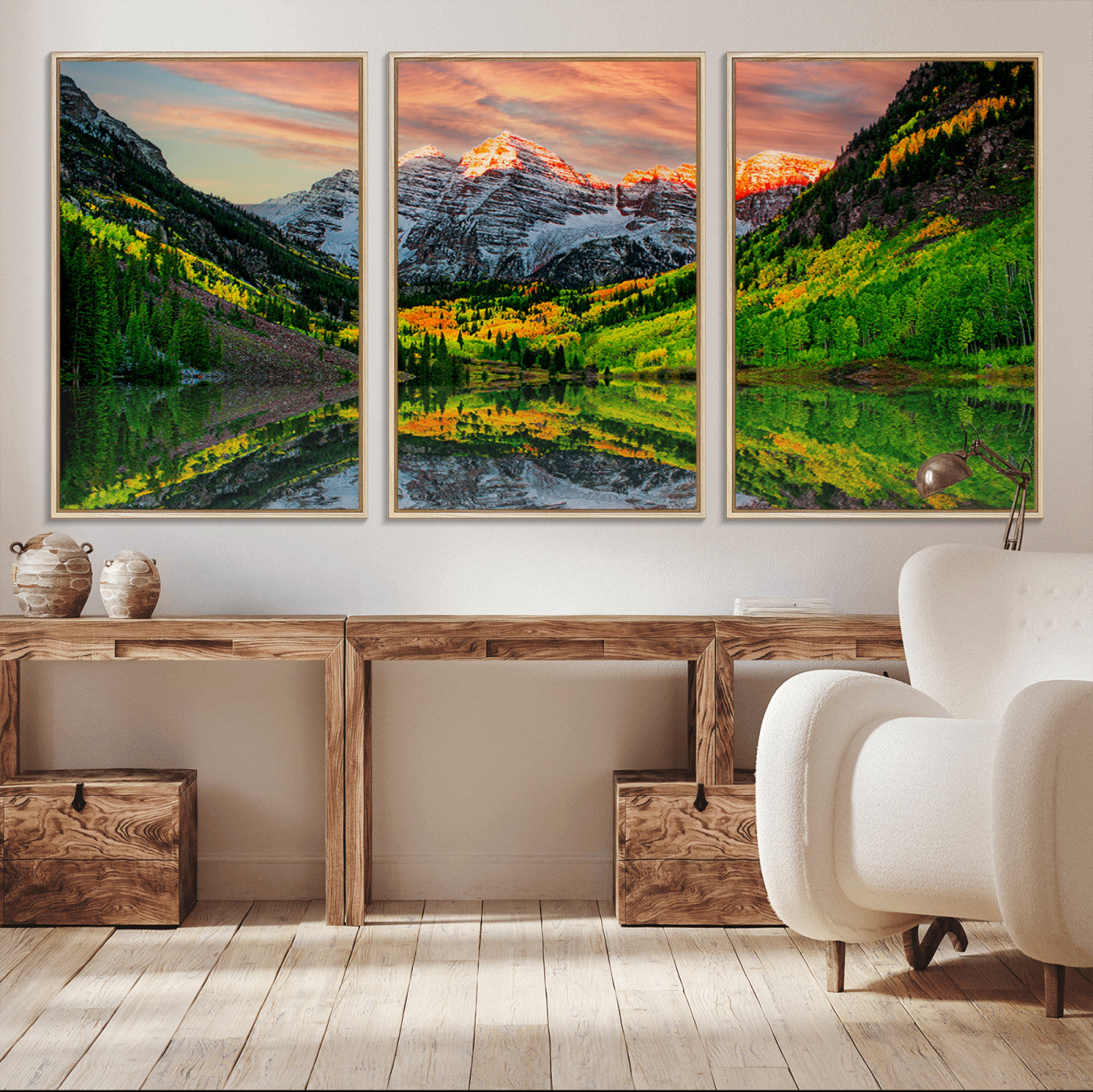 59533484-MGV-CV-36X24-Maroon Bells Autumn Wall Art – Panoramic Mountain Landscape Canvas Print, Sunset Reflection Nature Artwork for Living Room, Office