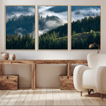 84598503-MGV-CV-36X24-Misty Forest Wall Art Canvas Print, Framed Pine Hills Art Picture Print, Moody Hills Perfect Moody Woodland Decor Artwork