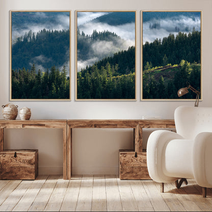 84598503-MGV-CV-36X24-Misty Forest Wall Art Canvas Print, Framed Pine Hills Art Picture Print, Moody Hills Perfect Moody Woodland Decor Artwork