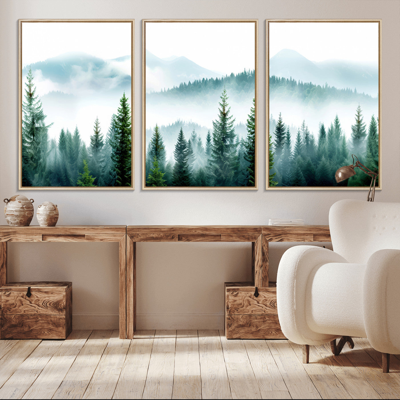 16716676-MGV-CV-36X24-Pine Forest Wall Art Canvas Print, Framed Misty Mountains Art Picture Print, Foggy Trees Perfect Moody Forest Decor Artwork