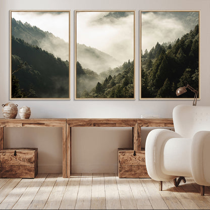 57570237-MGV-CV-36X24-Misty Valley Wall Art Canvas Print, Framed Foggy Forest Art Picture Print, Pine Trees Perfect Moody Woodland Decor Artwork