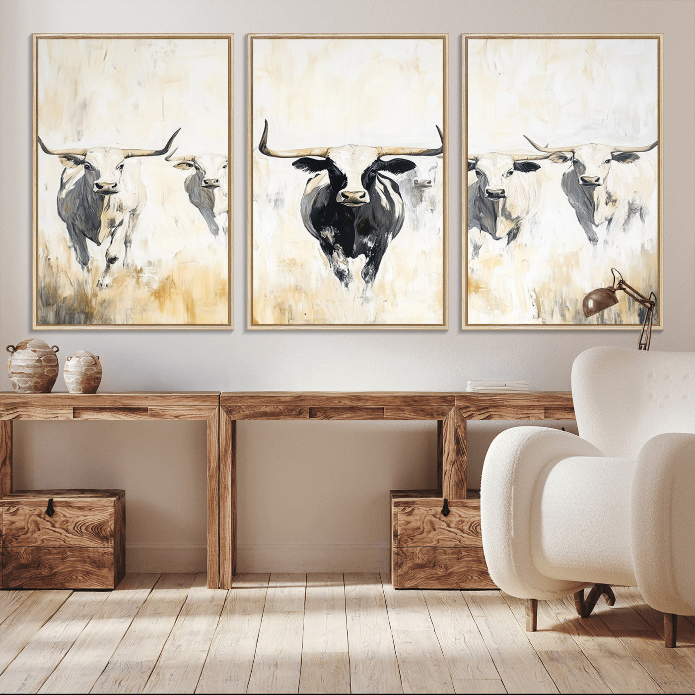 40397799-MGV-CV-36X24-Texas Longhorn Wall Art Canvas Print, Framed Rustic Herd Art Picture Print, Western Bull Perfect Neutral Western Decor Artwork