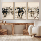 61538944-MGV-FC-60X30-3P_Natural-Texas Longhorn Wall Art Canvas Print, Framed Cattles Walking Art Picture Print, Black White Bulls Perfect Rustic Western Decor