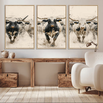 61538944-MGV-FC-60X30-3P_Natural-Texas Longhorn Wall Art Canvas Print, Framed Cattles Walking Art Picture Print, Black White Bulls Perfect Rustic Western Decor